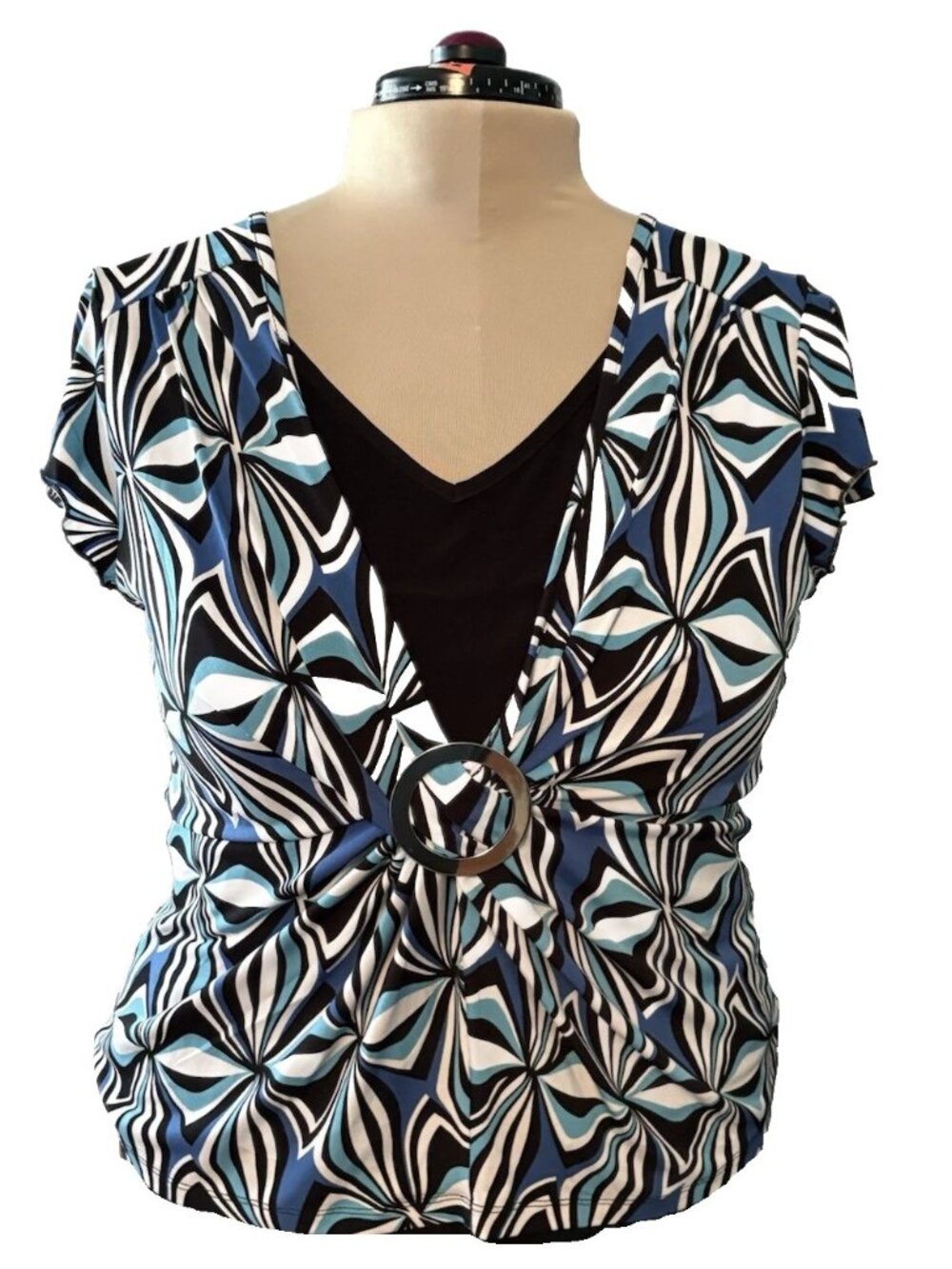 Cato Women’s XL Black Blue V-Neck Short Ruffle Sleeve Blouse